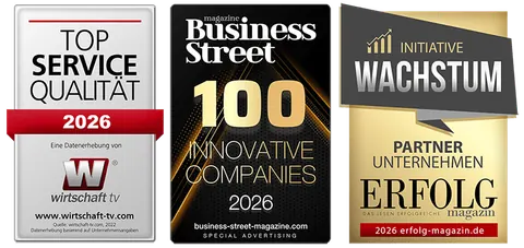 Auszeichnungen 2026: Top Service Qualität (wirtschaft tv), Business Street 100 Innovative Companies, Partnerunternehmen der Initiative Wachstum (Erfolg Magazin)